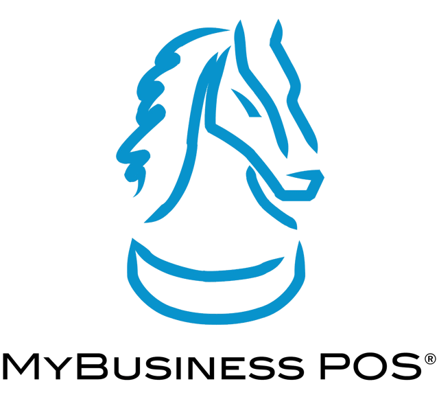 Logotipo oficial de MyBusiness POS con el caballo de ajedrez azul, utilizado como software base por Vorak para el desarrollo de módulos y sistemas de punto de venta a la medida.