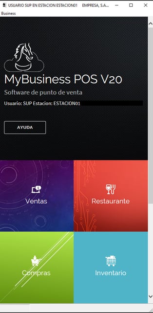 Interfaz gráfica de MyBusiness POS V20 con accesos a los módulos de Ventas, Restaurante, Compras e Inventario, implementada y configurada de forma profesional por Vorak.