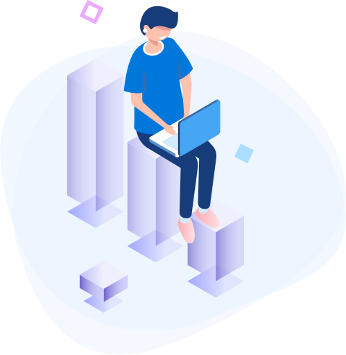 Ilustración de un analista trabajando con laptop sentado sobre gráficas de crecimiento.