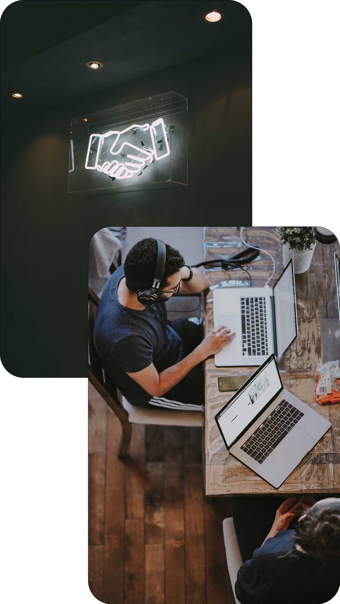 Imagen que simboliza la colaboración y el trabajo digital: un icono de apretón de manos en neón y un profesional gestionando proyectos desde su laptop.