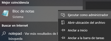 Bloc de notas en menú inicio