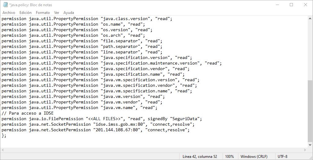 URL corregida en archivo java.policy