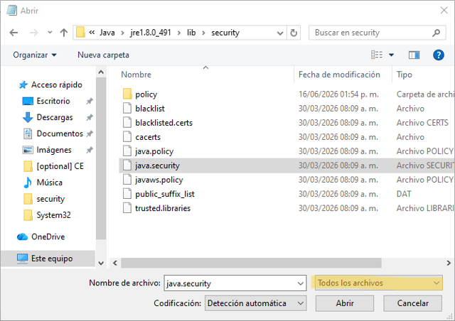 Ventana para abrir java.security en Bloc de notas