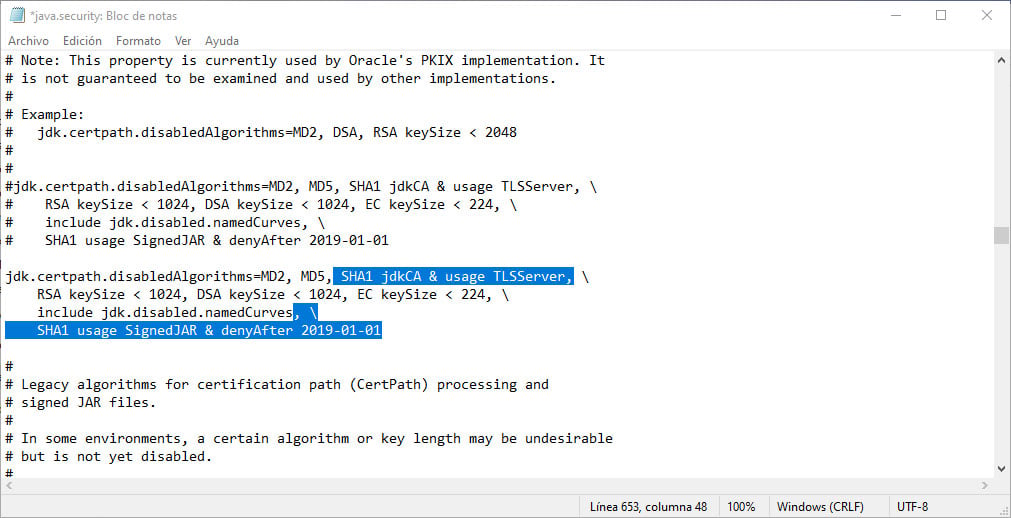 Eliminar configuración de SHA1