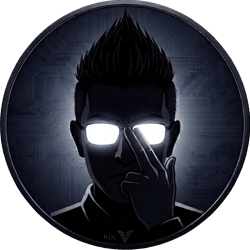 Logotipo de avatar de Kín: ilustración de silueta masculina con lentes luminosos y estética ciberpunk sobre fondo de placa de circuito.