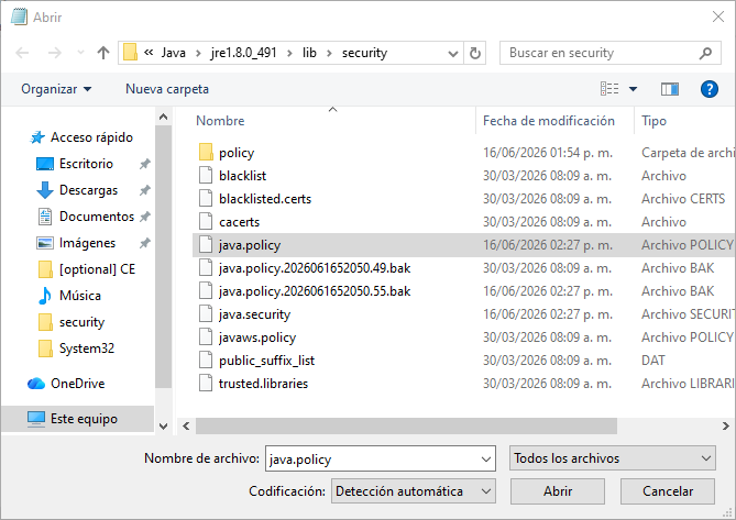 Ventana para abrir archivo java.policy en el bloc de notas