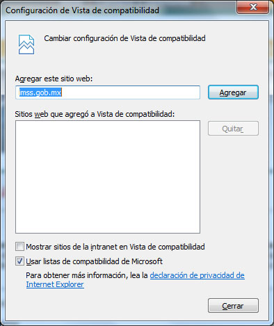 Ventana Vista de compatibilidad