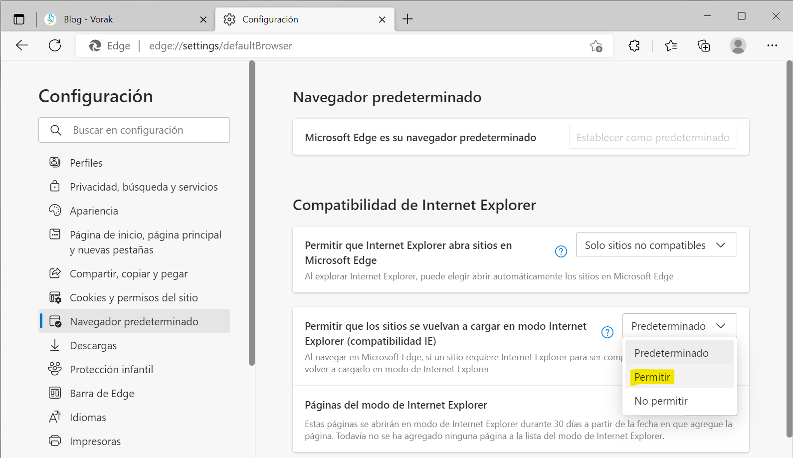 Edge permitir compatibilidad IE
