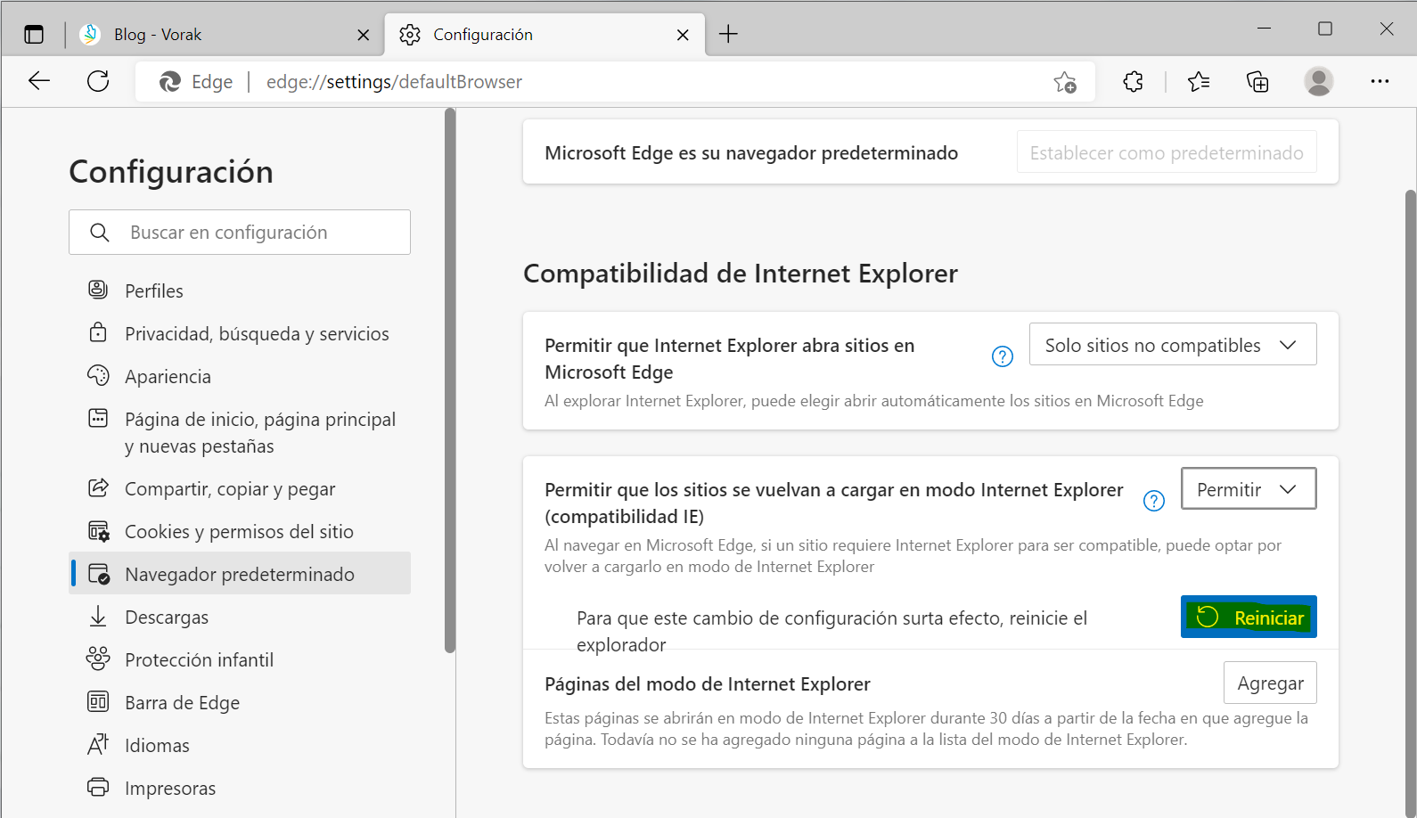 Edge reiniciar compatibilidad IE