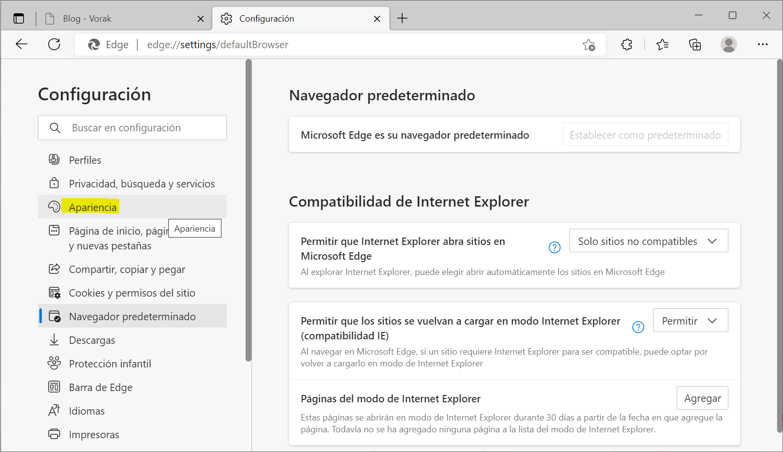 Edge opcion Apariencia