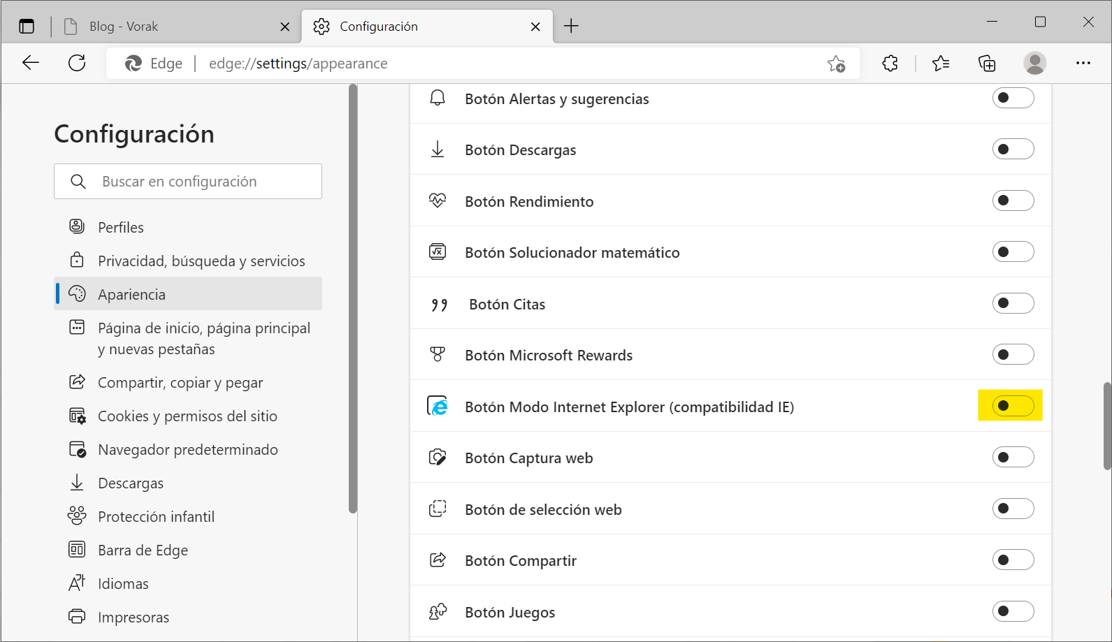 Edge activar boton modo IE