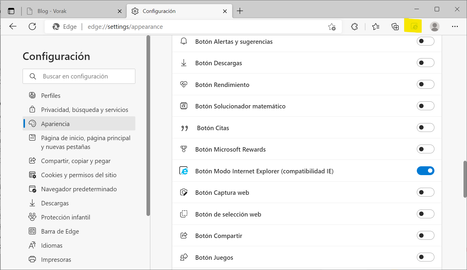Aparece boton modo internet explorer