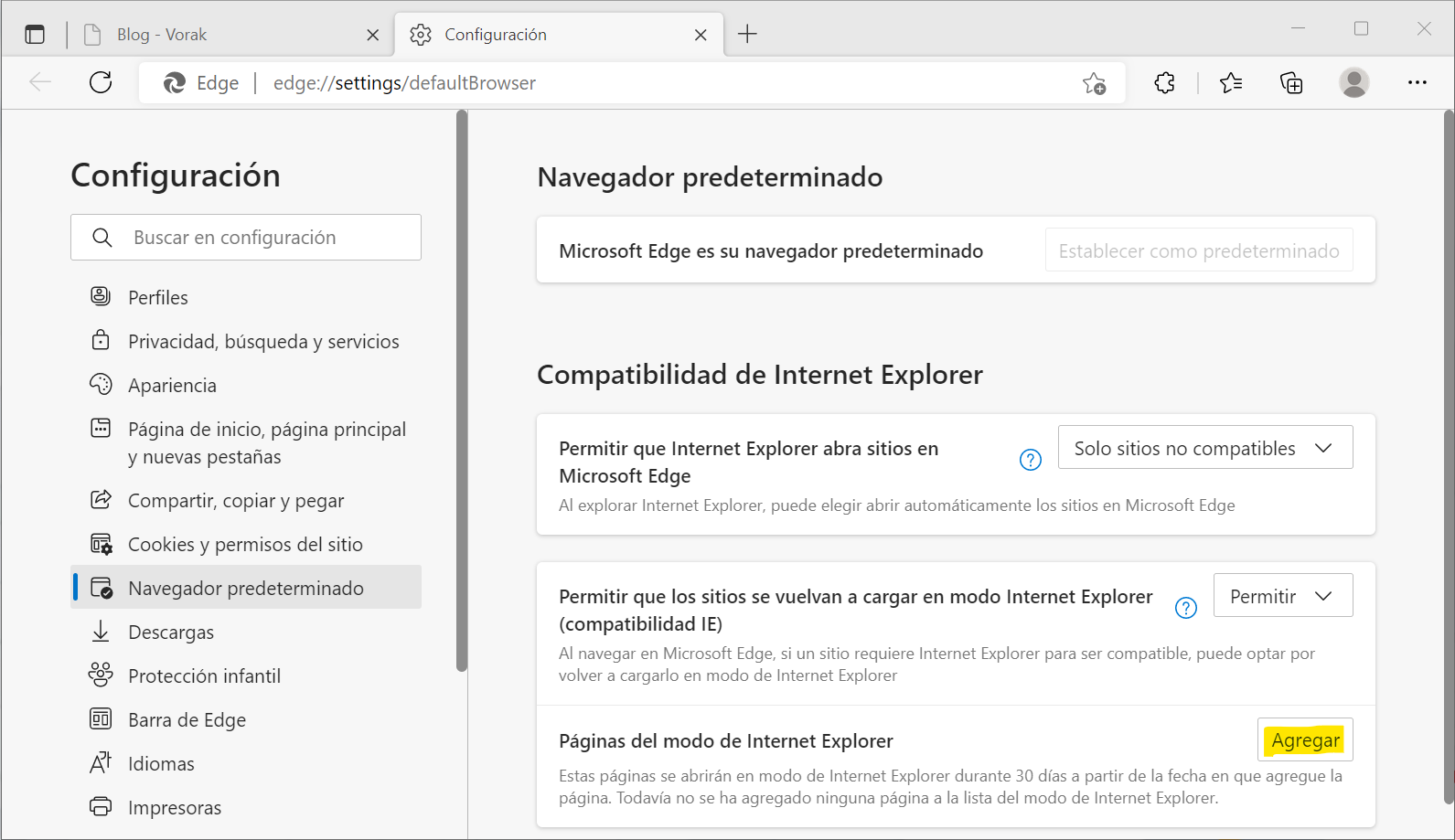 Edge agregar paginas modo IE
