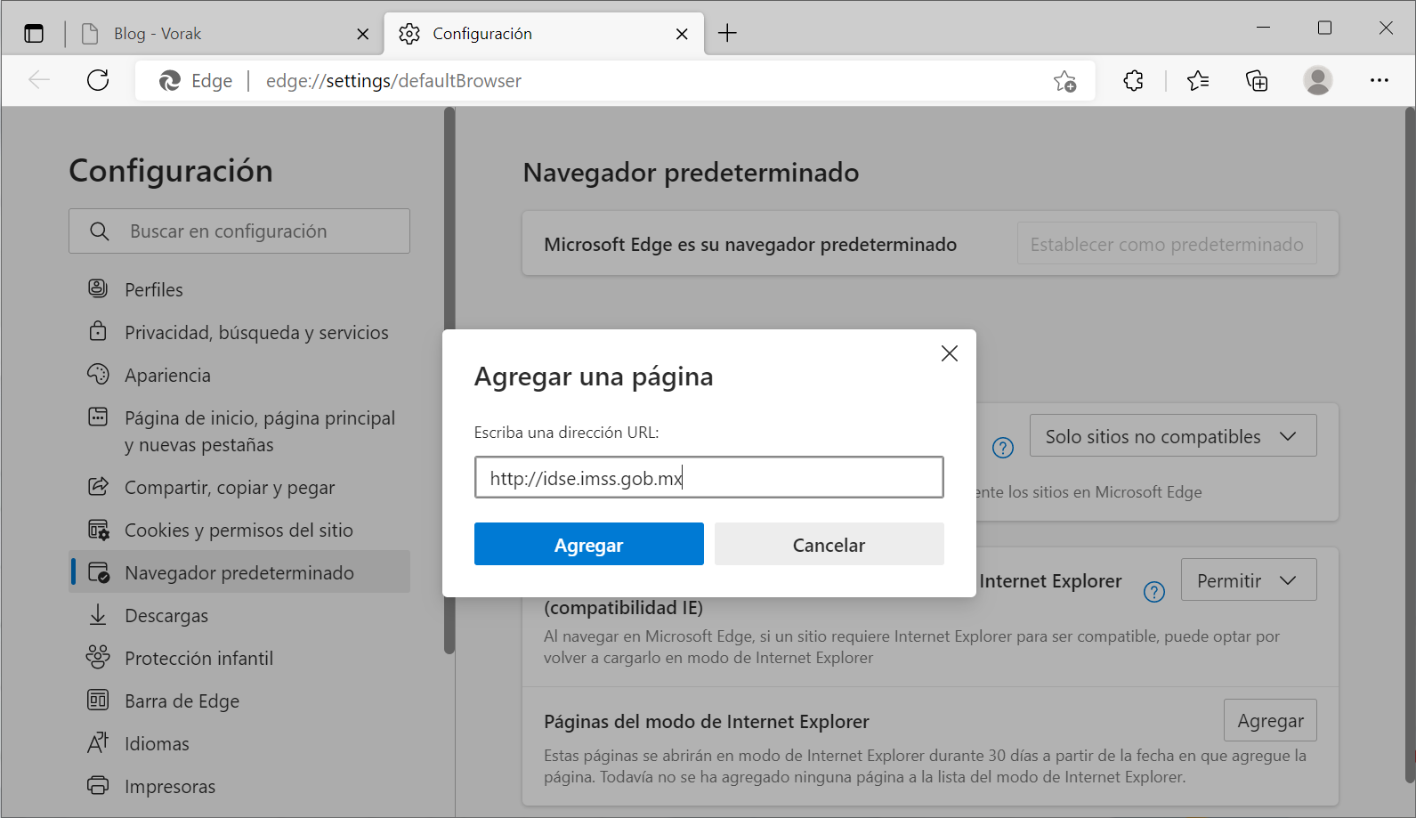 Agregar URL IDSE modo IE