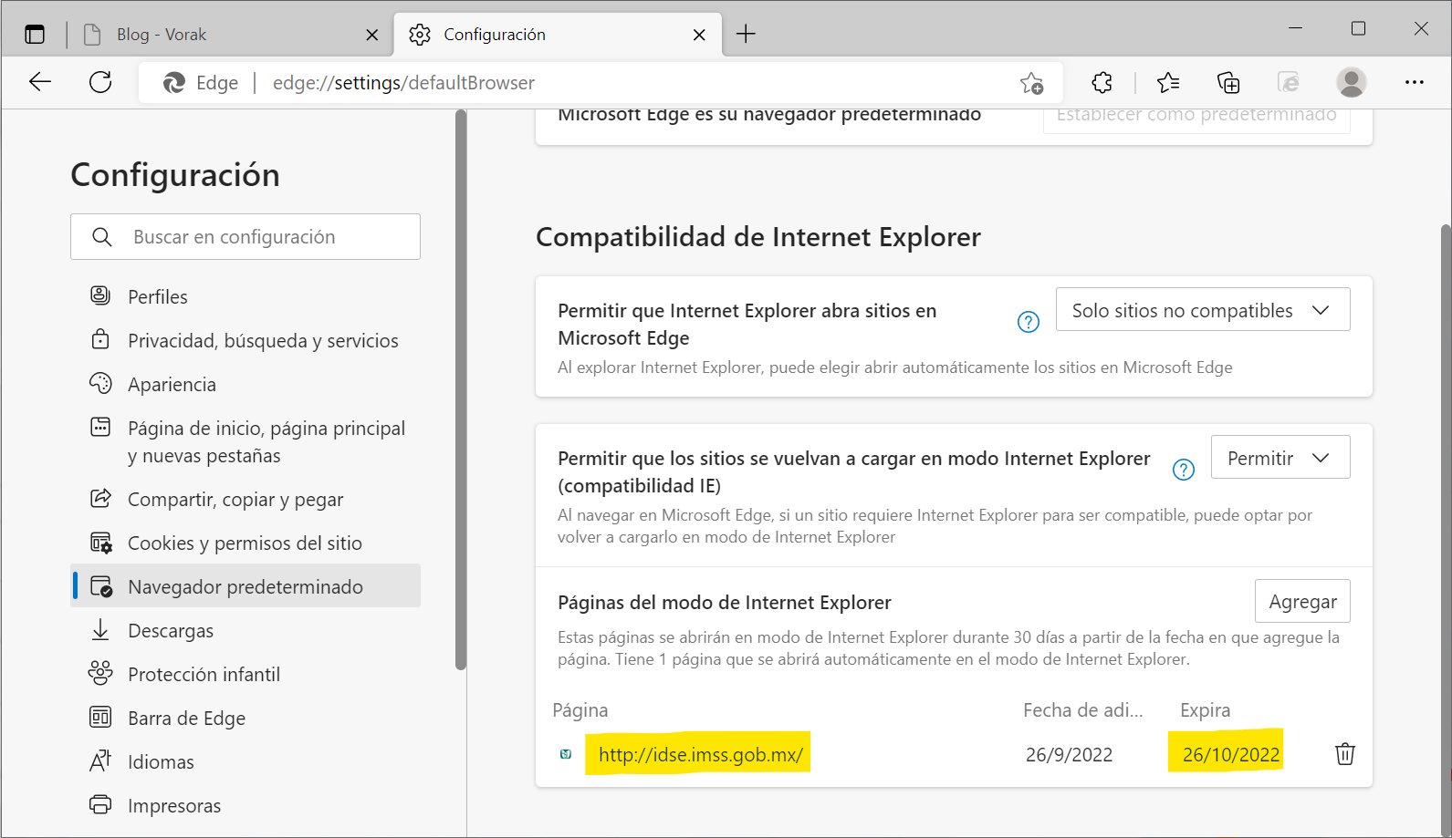 URL IDSE agregada en modo IE