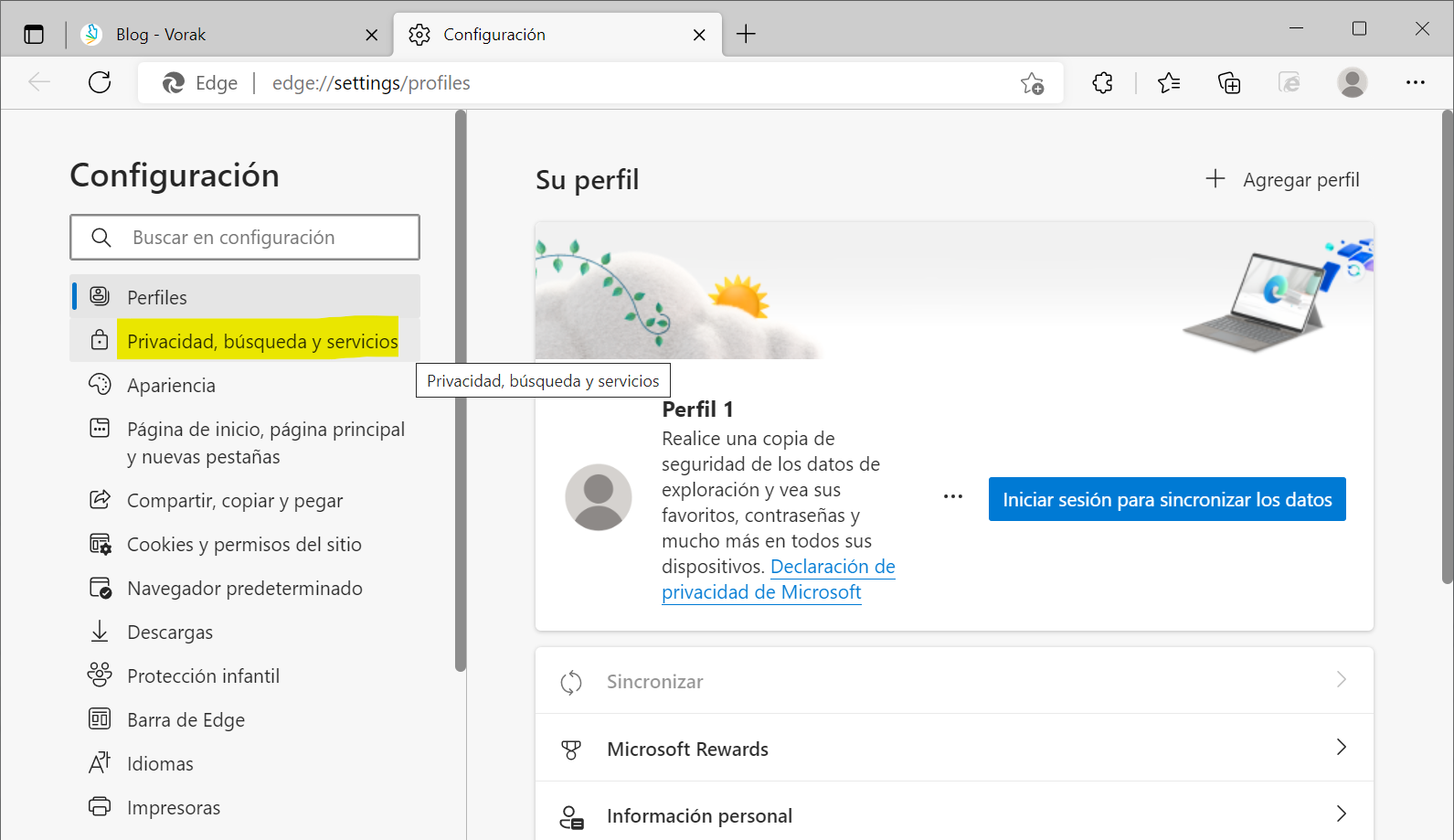 Edge menu privacidad busqueda servicios