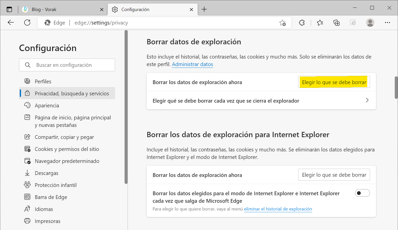 Edge borrar datos de exploración