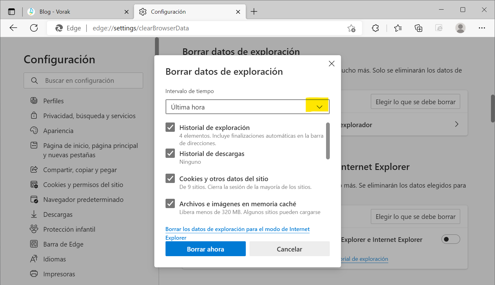 Borrar datos exploración intervalo de tiempo siempre