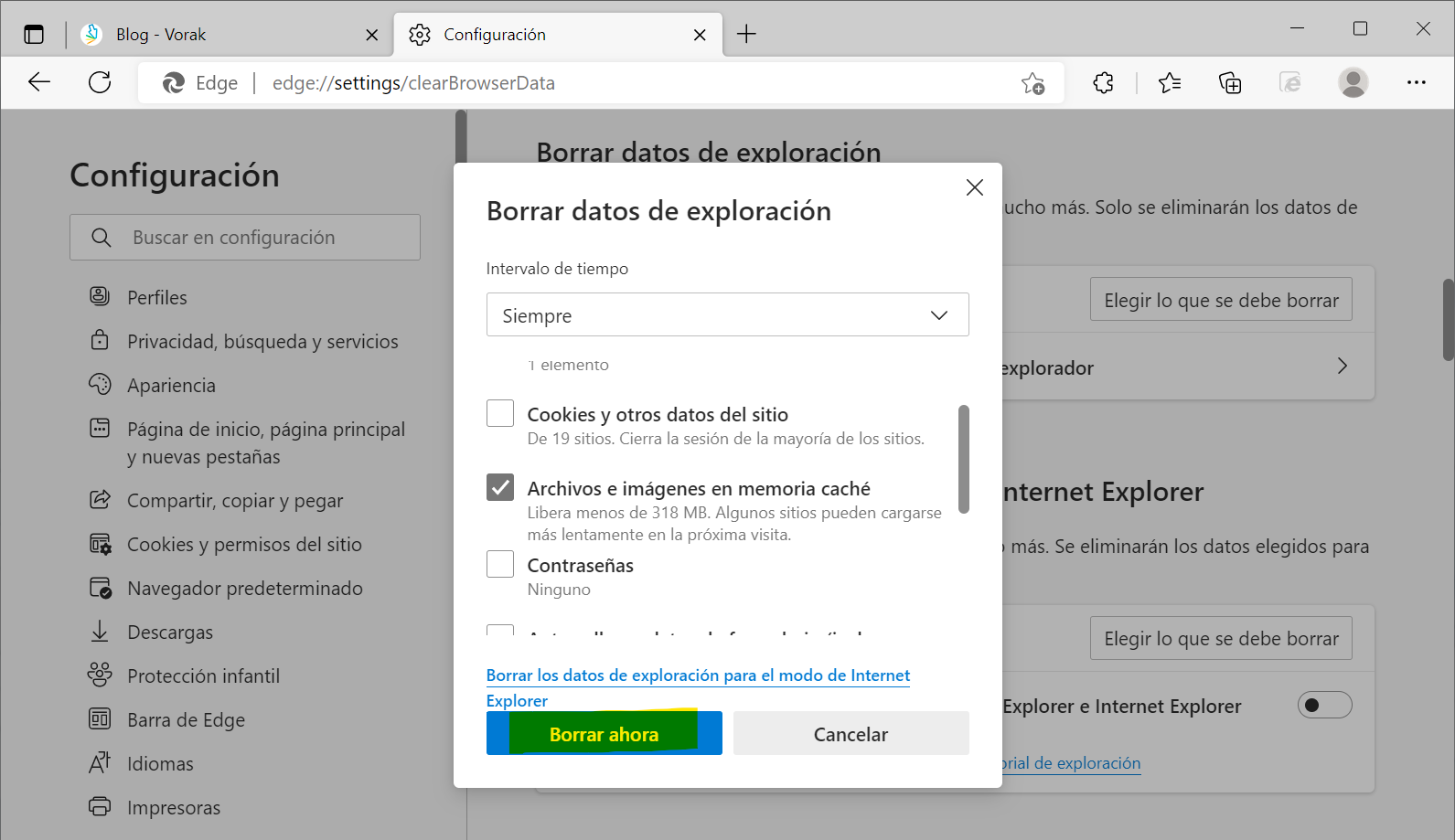 Borrar archivos e imágenes en caché