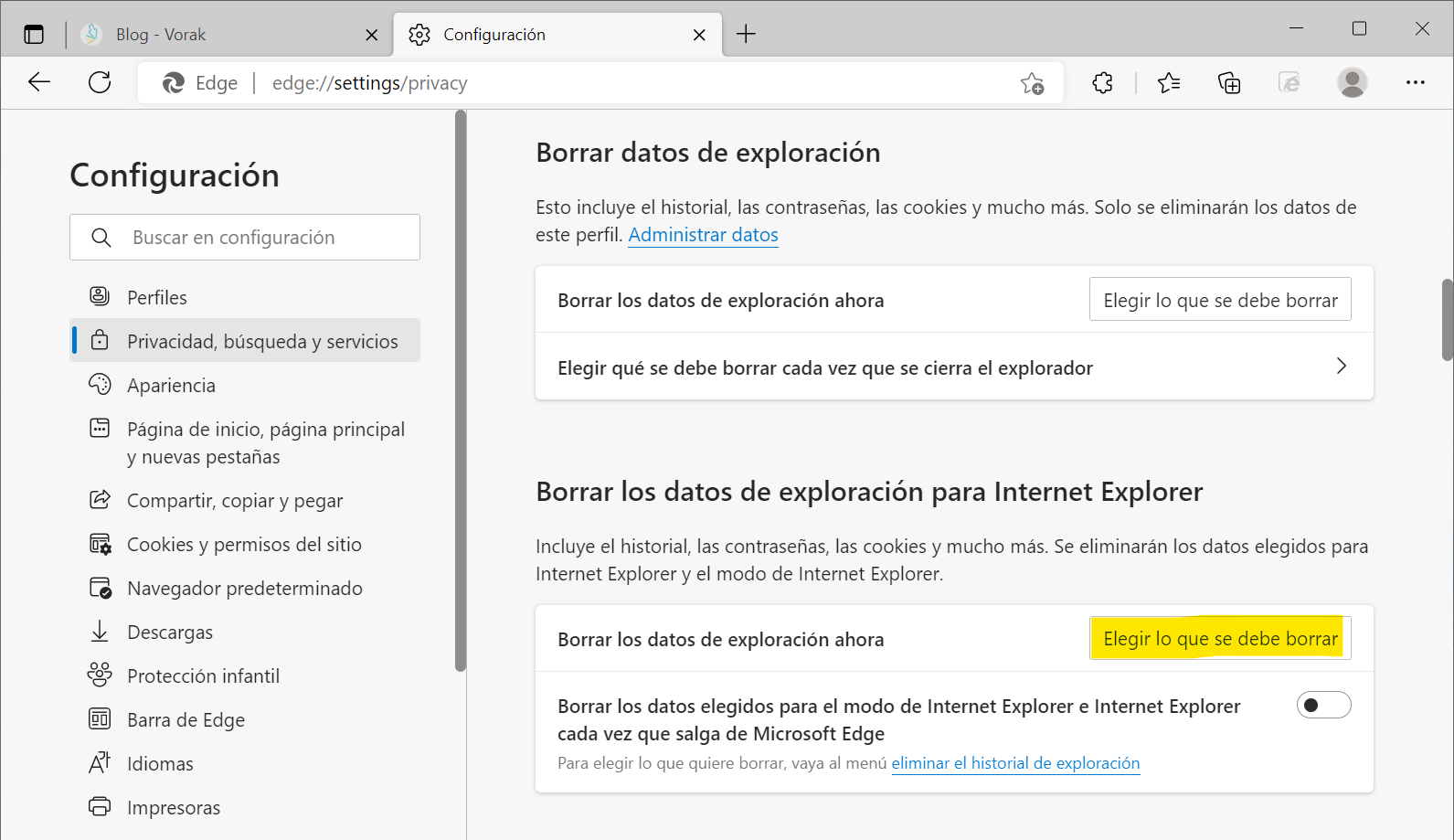 Borrar datos de IE