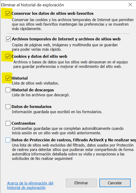 Ventana eliminar historial IE