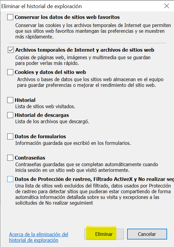 Eliminar archivos temporales y de sitios web IE