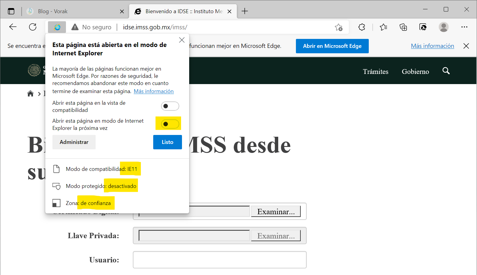 Parámetros de modo IE en IDSE