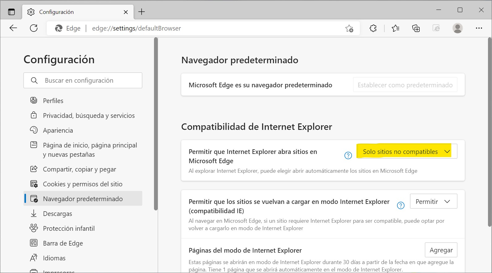 Acceso a IDSE con IE Permitir que IE abra sitios en Edge