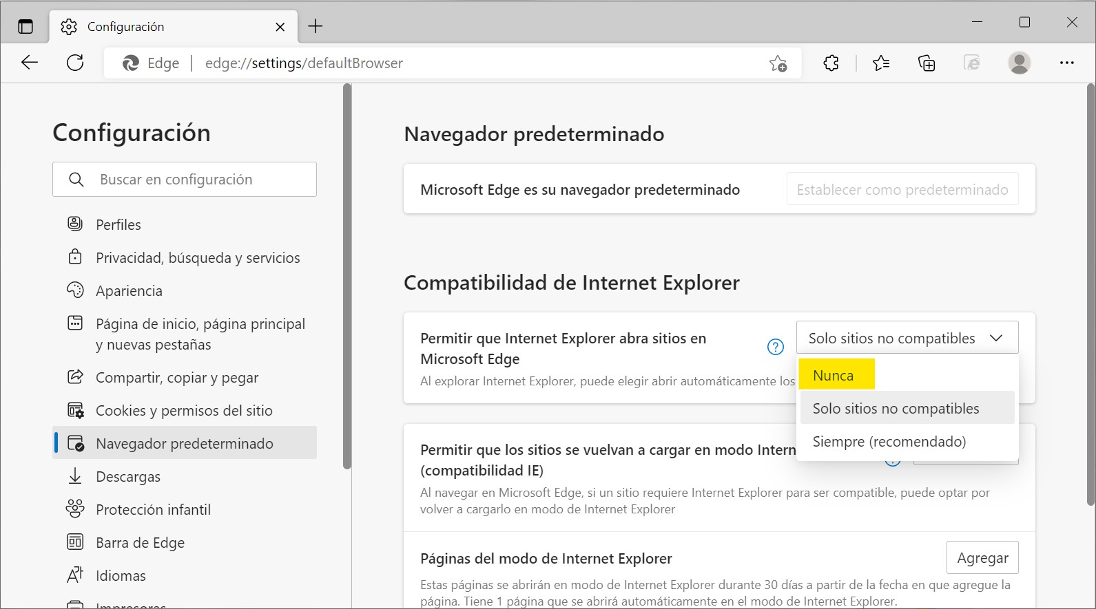 Acceso a IDSE con IE Nunca Permitir que IE abra sitios en Edge