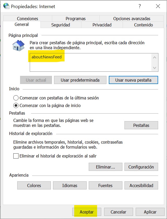 Acceso a IDSE con IE Validar nueva pestaña como página principal de IE