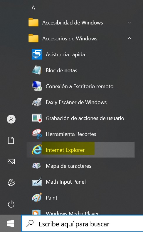 Acceso a IDSE con IE menu inicio accesorios de windows