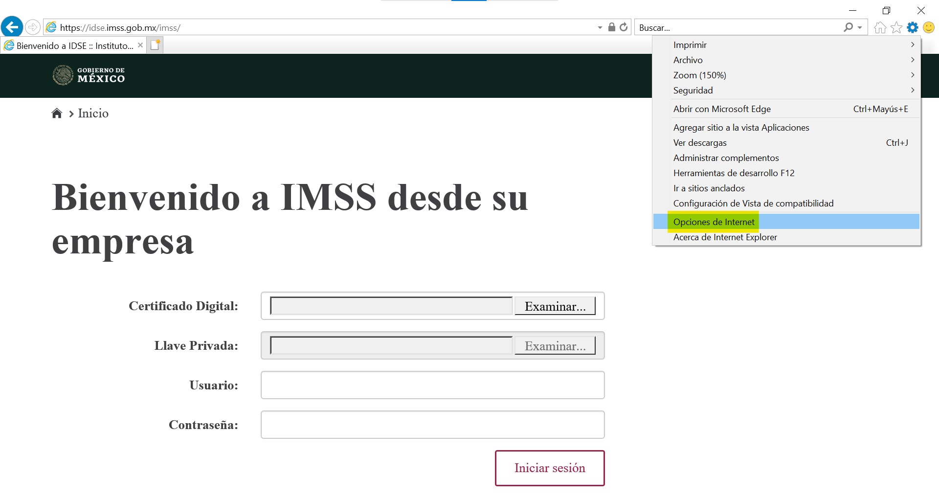 Acceso a IDSE con IE Opciones de Internet