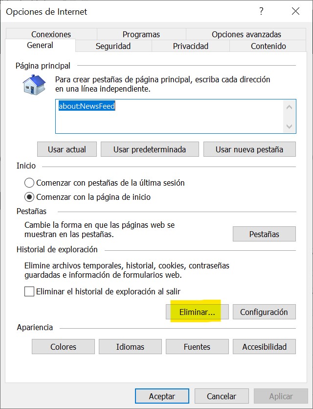 Acceso a IDSE con IE Eliminar historial de exploración