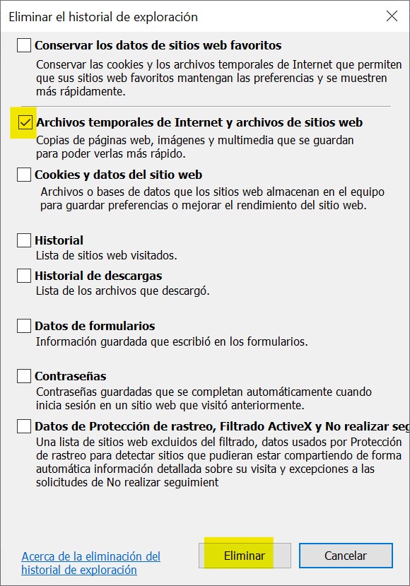 Acceso a IDSE con IE Eliminar Archvios temporales y de sitios web