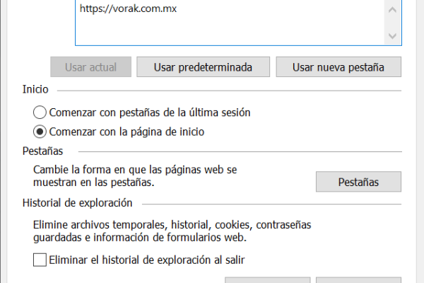 Pestaña seguridad en opciones de internet