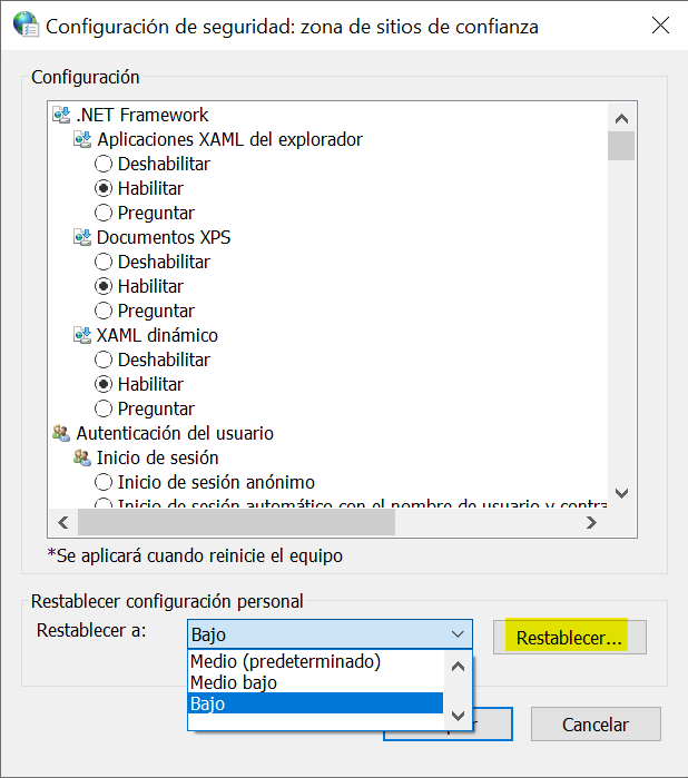 Restablecer seguridad