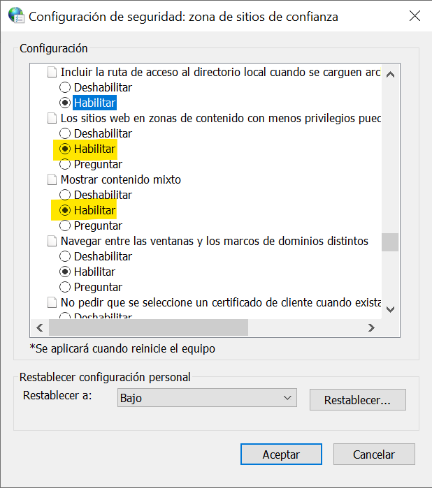 Opciones misceláneas de seguridad