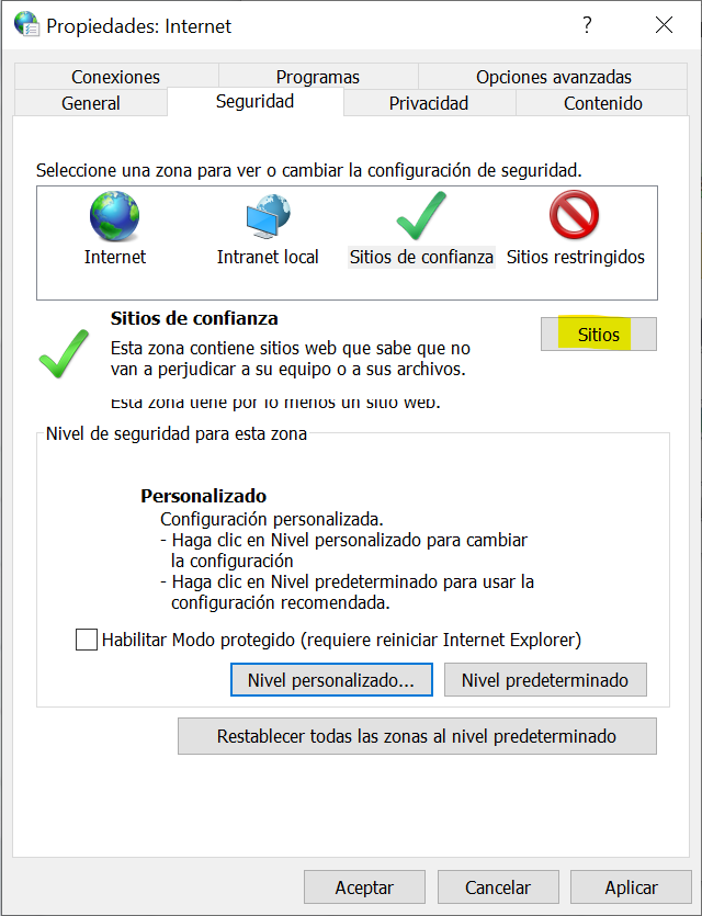 Botón Sitios en opciones de internet
