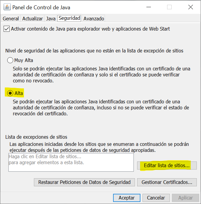 Editar lista de sitios seguridad de java