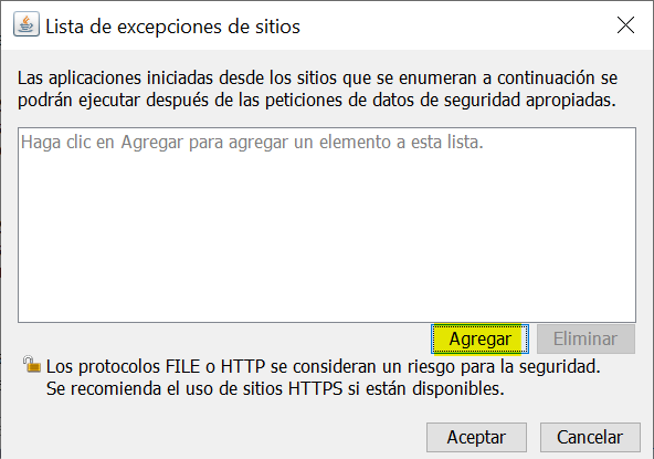 Botón agregar sitios a excepciones de Java