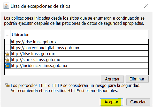 Aceptar lista de excepciones de sitios