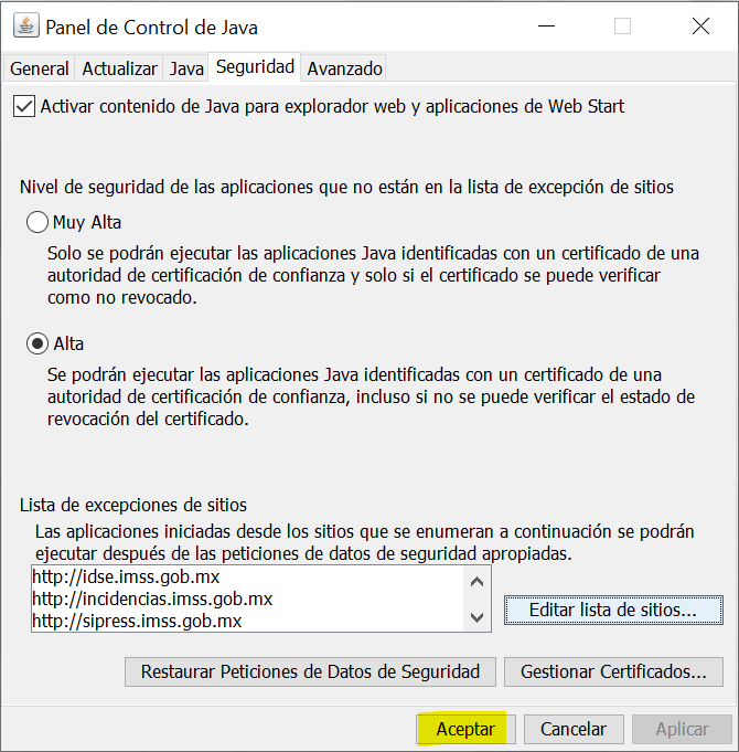 Aceptar cambios del panel de control de Java