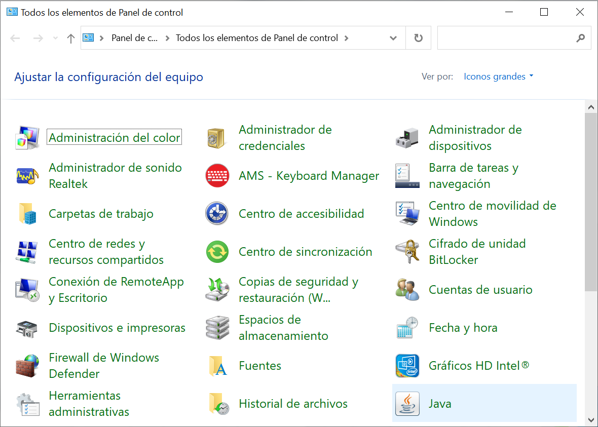 Java en panel de control