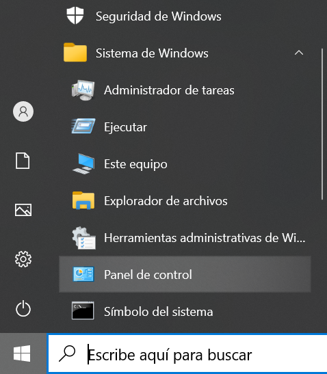 Panel de control en menú inicio