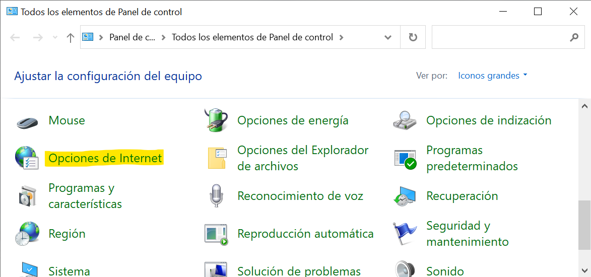 Opciones de internet en el panel de control