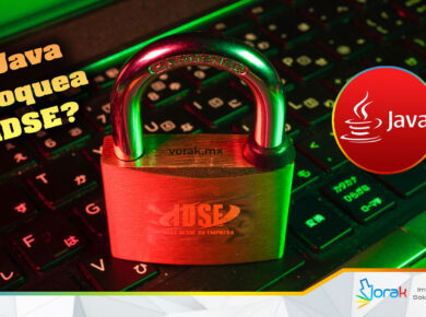 Imagen de portada sobre cómo solucionar el error de Java que bloquea el portal IDSE del IMSS, mostrando un candado sobre un teclado informático y los servicios de soporte de Vorak.